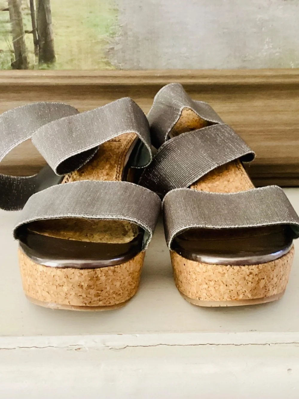 Volatile Silver Elastic Ankle Strap Wedge Cork Platforms Women’s Size 8 Stretch